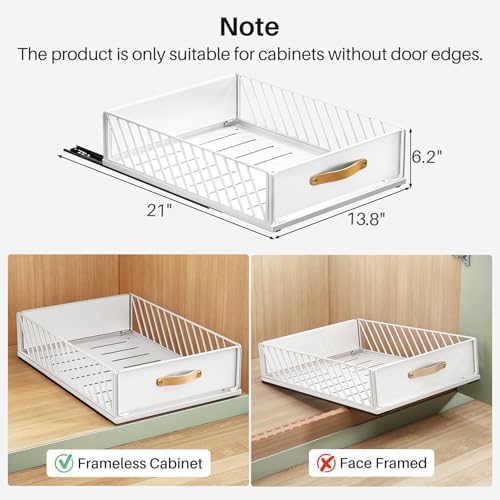 Pull out Cabinet Organizer,Heavy Duty Slide out Pantry Shelves Drawer Storage with Adhesive Nano Film,Sliding Mesh Cabinet Basket with Handle for Kitchen, Bathroom, Home, 13.8"W X 21"D X 6.2"H,White