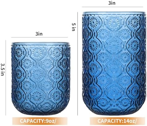 Set of 8 Vintage Embossed Glassware,4 Highball Glasses 14oz & 4 Rocks Drinking Glasses 9oz, Blue, Art Deco, for Wine, Water, Cocktail, Juice, Whiskey, Gift