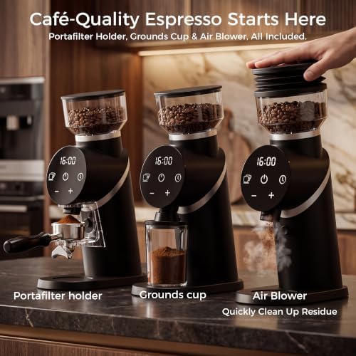 TALIA Coffee Grinder Electric Coffee Bean Grinder with 48mm Titanium Plated Conical Burrs, 51 Grind Settings for Espresso to French Press, Touch Control, Time & Cup Customization, Portafilter Holder