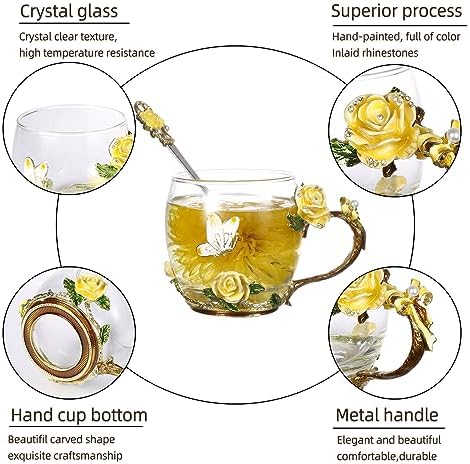 SUQ I OME Enamel Rose and Butterfly Flower Glass Tea Cup, Valentine Gifts For Women,Wife, Friend for Valentines Wedding, Women's day, Engagement, Yellow Rose,11 oz