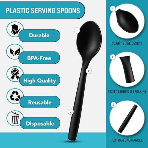 10" Black Plastic Serving Spoons for Buffet, Bulk 144 Pack
