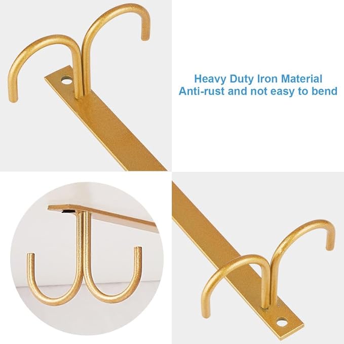 Mug Rack Under Cabinet - Coffee Cup Holder, 8 Mugs Hooks Under Shelf, Display Hanging Cups Drying Hook for Bar Kitchen Utensils Gold