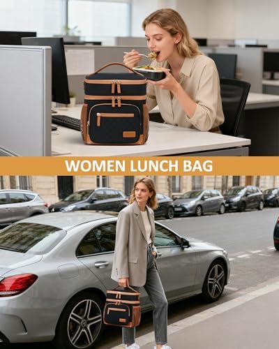 CAMTOP Lunch Box for Women Men Insulated Lunch Bag Lunch Tote Bag Leakproof Thermal Cooler Large Capacity for Travel Work School Picnic (Black Brown - 2 Deck, XX Large - 2 Deck)
