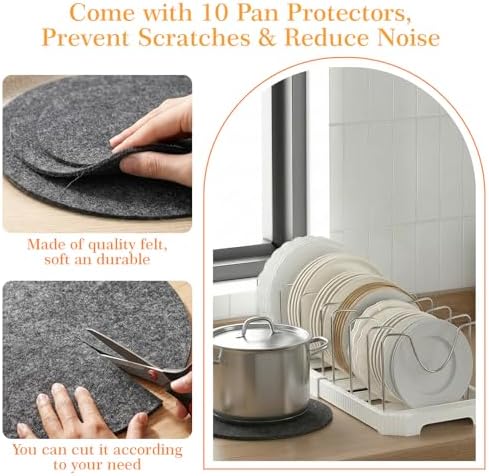 1 Pack Expandable Pots and Pans Organizer Under Cabinet, 13-22" Kitchen Cabinet Organizer with 10 Adjustable Dividers and 10Pcs Pot Protectors for Lids, Baking Sheets & Cookware (1, White)