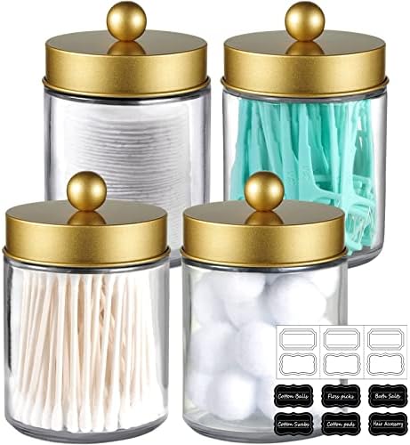 Amolliar Glass Apothecary Jar Qtip Holder Metal Lids 4pc/Gold