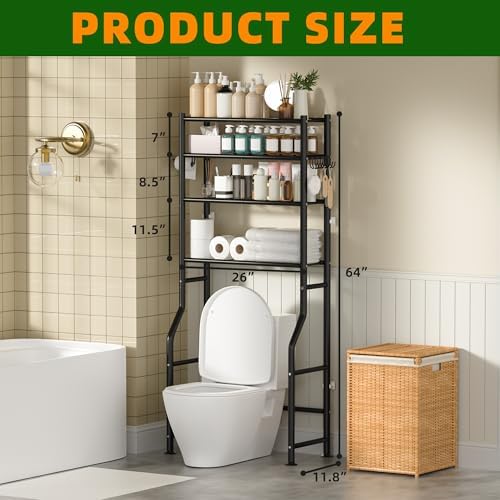 GloTika 4-Tier Over Toilet Storage, Anti-Tilt, 64" H, Black