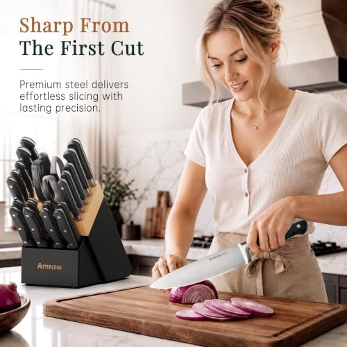 Astercook Kitchen Knife Set Full Tang with Block and Sharpener Elegant