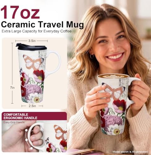 Topadorn 17oz Ceramic Travel Mug with Lid, Vintage Butterfly Floral Mug