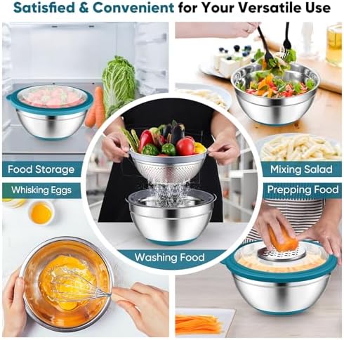 P&P CHEF Mixing Bowls with Lids, Metal Mixing Bowl with Colander, Blue
