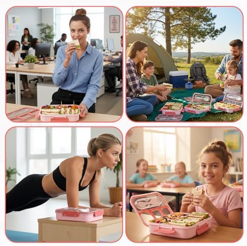 Bento Box for Adults,4 Compartments Lunch Box, Snack Containers Reusable Lunch Containers Drop-Proof, Dishwasher Safe & Made with BPA-Free Materials, Pink