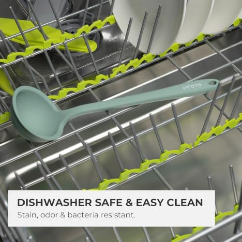 Elihome Classic 10.5 inch Silicone Soup Ladle Cooking Spoon: 600ºF Heat Resistant 2 oz Non-stick Seamless Deep Serving Spoon with Non Slip Long Handle for Cooking Sauce Stews Gravy Sage Green