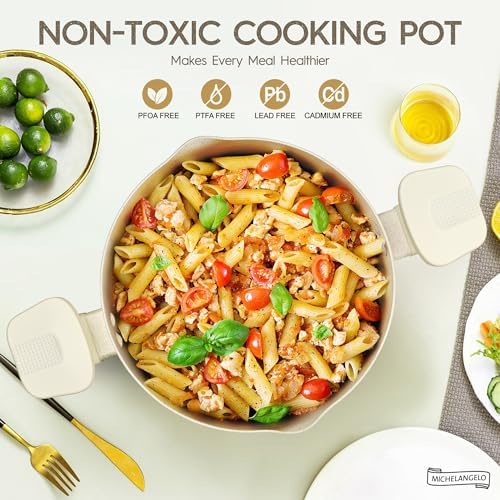 MICHELANGELO 6 Quart Granite Nonstick Cooking Pot with Strainer Lid, White