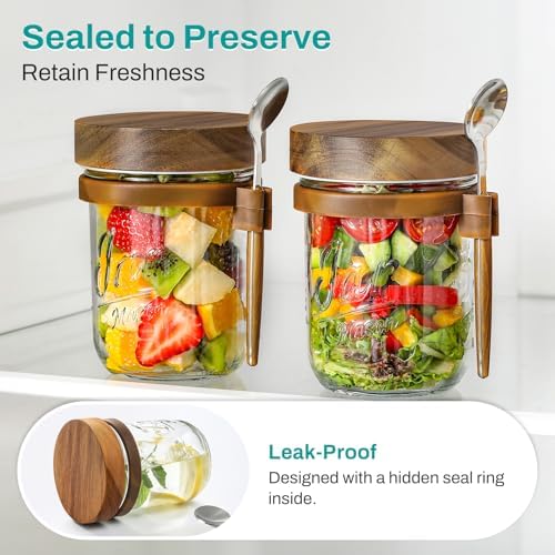 LANDNEOO 4 Pack Overnight Oats Containers with Wooden Lids and Spoons, 16oz Glass Mason Overnight Oats Jars with Lids, Large Capacity Airtight Jars for Milk, Cereal, Fruit