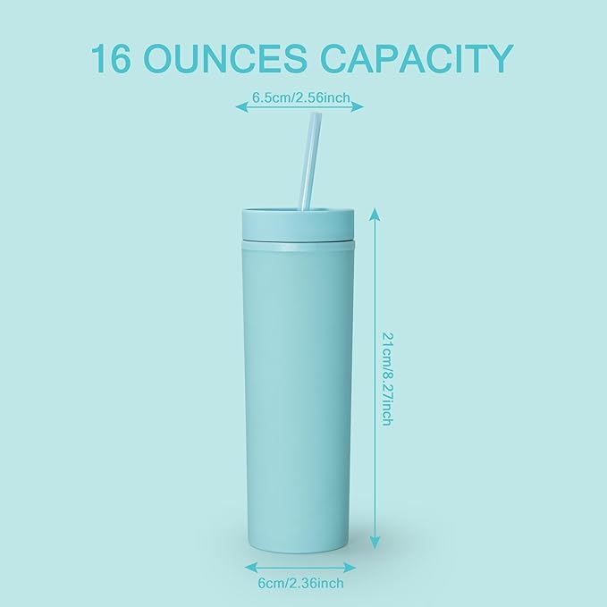 sweet grain Skinny Tumblers with Lids and Straws(6 Pack) - 16oz Matte Pastel Colored Skinny Acrylic Tumblers, Double Wall Plastic Tall Skinny Tumblers Bulk for Cold Hot Drinks - Sky Blue
