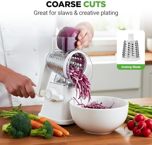 NutriChef 3 in 1 Cheese Grater & Shredder | Strong Suction Base, Rotary Handle with Safety Lock | Includes Hand Crank & 3 Drum Blades for 3 Textures, Fine, Medium & Strips | White
