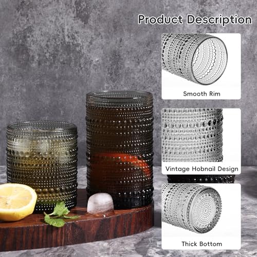 Moretoes Gray Hobnail Drinking Glasses Set of 6 Glass Cups