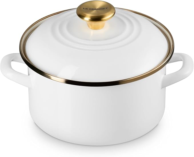Le Creuset Enamel on Steel Traditional Petite Stockpot, 3.8 qt., White with Gold Accents