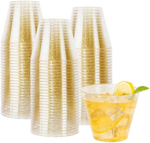 I00000 100 Pcs Gold Plastic Cups, 9 oz Hard Gold Glitter Disposable Cups
