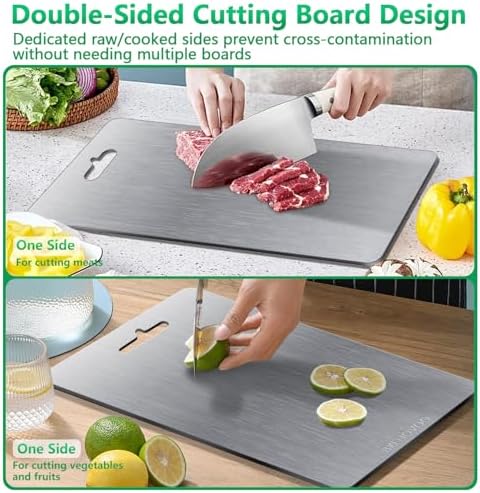 Titanium Cutting Board for Kitchen Set of 3,100% Pure Titanium Cutting Boards Double Sided Non-Toxic Hygiene Dishwasher-Safe Food Grade Metal Chopping Board for Meat,Fruit & Vegetables