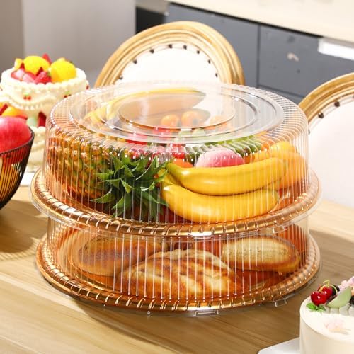 Nitial 12 Pcs Plastic Serving Trays with Lids, Round, Gold, 18 Inches