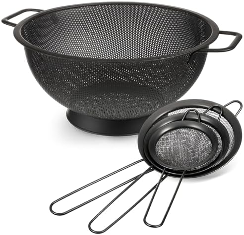 Norme 4 Quart Black Colander and 3 Metal Fine Mesh Strainer Set