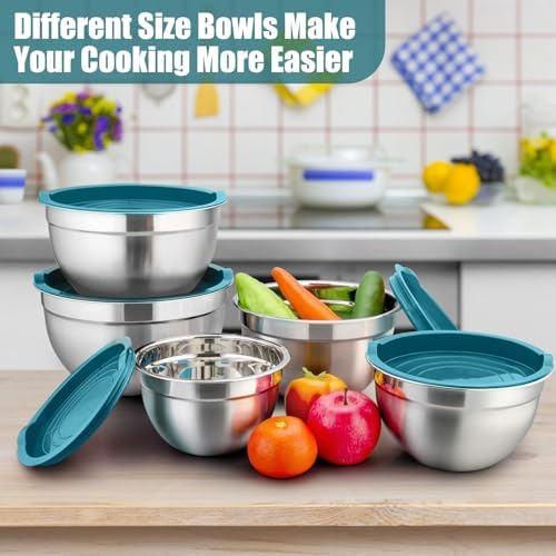 P&P CHEF Metal Mixing Bowls with Lids Set, Airtight Lids & Blue