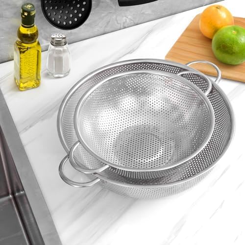 E-far 5-Quart Stainless Steel Colander, Micro-Perforated Metal Colander Strainer with Handle for Kitchen/Draining Pasta/Rinsing Vegetables Fruits, Heavy Duty & Dishwasher Safe - 11 Inches