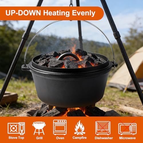 Pre-Seasoned 10QT Large Cast Iron Camping Dutch Oven Pot with Lid