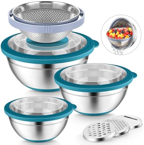 P&P CHEF Mixing Bowls with Lids, Metal Mixing Bowl with Colander, Blue
