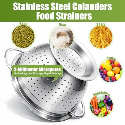 Palksky Stainless Steel Colander Set with Handles & Self-Draining Base, 3 Sizes (7”, 9”, 11”), Heavy Duty Pasta Strainer, Rice & Vegetable Strainer, Countertop Draining System