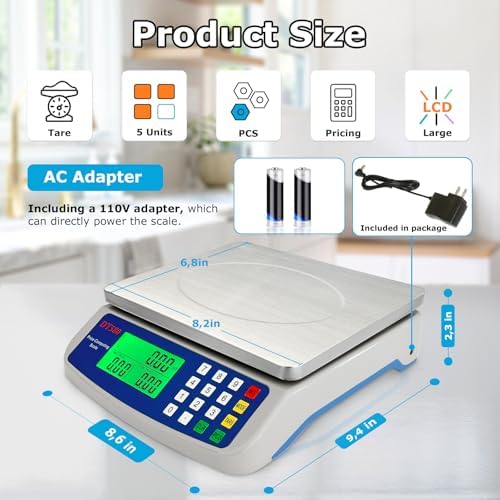 Large Digital Kitchen Scale 40kg/88lb Stainless Steel Price Computing Scale Counting Scale Deli Scale with LCD Display for Baking Bread Cooking Meat Prep Parts and Coins Adapter Included
