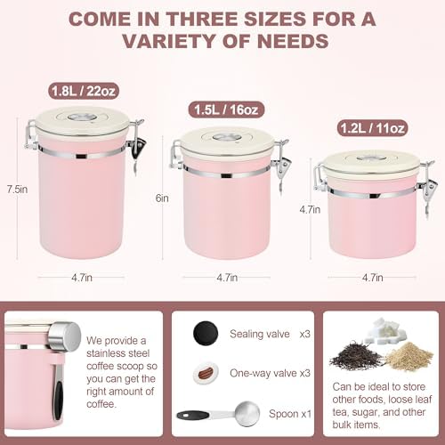 ShanSon Coffee Canister Airtight, Stainless Steel Bean Storage Container with Date Tracker & Scoop, Grounds Sugar Flour Tea Cereal Fits Kitchen Pantry, Ideal Gift for Coffee Lovers,22oz, Pink