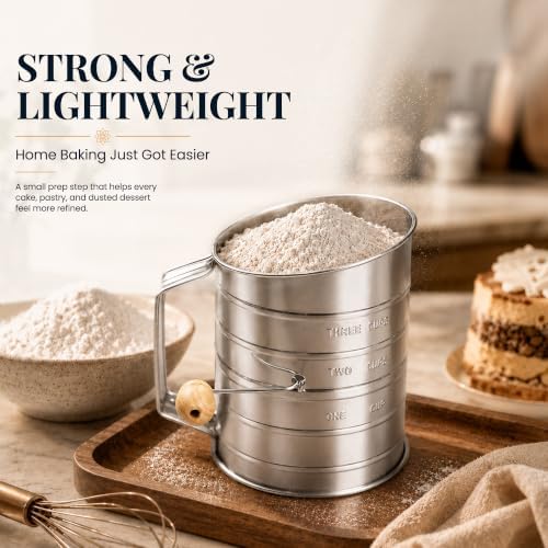 Bellemain Stainless Steel Flour Sifter for Baking with Hand Crank - 3 Cup