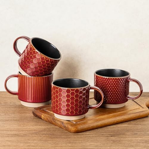 GBhome 12 OZ Stackable Coffee Mugs Set of 4, Ceramic Coffee Cups Set