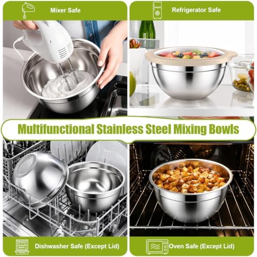 P&P CHEF Stainless Steel Mixing Bowls with Visible Airtight Lids, Khaki