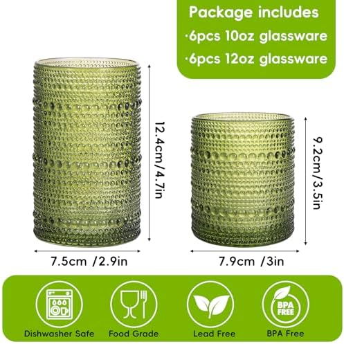 Moretoes Vintage Hobnail Drinking Glasses Set of 12 Green Water Glass Cups