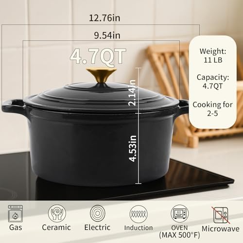 Enamel Cast Iron Dutch Oven with Lid, Round Casserole Pot for Bread Baking, Braising, Roasting, and Stews, Heavy-Duty, Oven Safe, Induction Compatible (4.7QT,Grey)