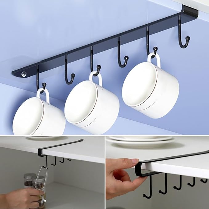 2 Pack Storage Mug Hooks Rack Under Cabinet Each with Fixed Sticker, 6 Hooks Cup Holder Hanger, Ties Belts Scarf Hanging Hook Rack, Mug Hook Hanger Under Shelf Without Drilling Kitchen Utensil Hanger