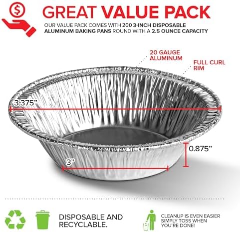 Stock Your Home 3 Inch Aluminum Foil Pie Pans (200 Count) Disposable & Recyclable Mini Pie Pans, Small Pie Tin for Baking, Cafes, and Restaurants, Durable Individual Pie Pan for Fruit Tarts, Quiche