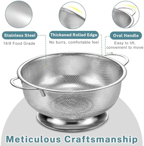 Pleafind Colander for Kitchen - 5 QT & 3 QT Stainless Steel Strainer with Handle, Kitchen Strainer Colanders Bowl for Pasta, Noodles, Spaghetti, Vegetables and Fruits, Rust-Resistant & Dishwasher Safe