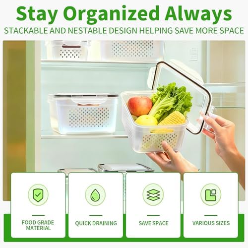 PRAKI Fruit Storage Containers for Fridge with Removable Colander, 5-Pack