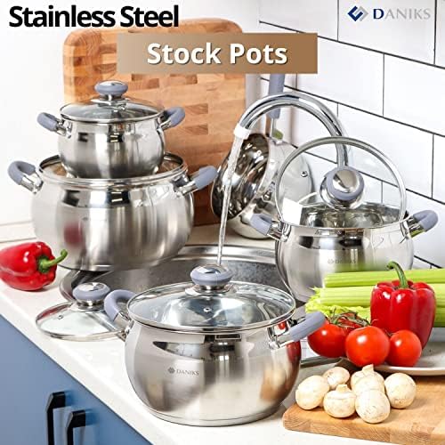 Daniks Modern 3 Quart Stainless Steel Stock Pot with Glass Lid, Tri-Ply Bottom for Even Heating, Induction Compatible, Dishwasher Safe, Heatproof Handles