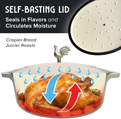 MUELLER HOME 5.5 Quart Enameled Cast Iron Oval Dutch Oven with Rooster Knob & Cotton Potholders, Heavy-Duty Cookware, Oven-Safe up to 500° F & Across All Cooktops, Gifts for Grandma & Women, White
