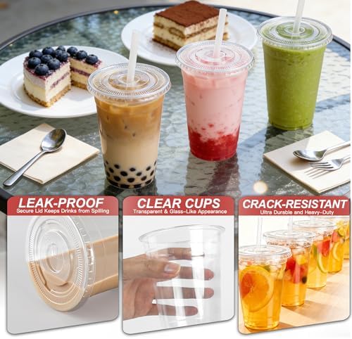 Ginkgo 100 Pack - 16 oz Clear Plastic Cups with Lids and Straws
