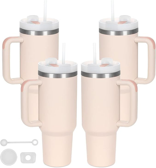 4 Pack 40 Oz Tumbler with Handle Bulk, Double Wall Vacuum Insulated Stainless Steel Tumbler with Lid and Straw, 40 oz cup with Silicone Spill Proof Stopper Set (Rose Quartz)