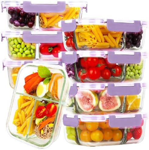 8 Pack 36oz Borosilicate Glass Meal Prep Containers 3 Compartment with Lids