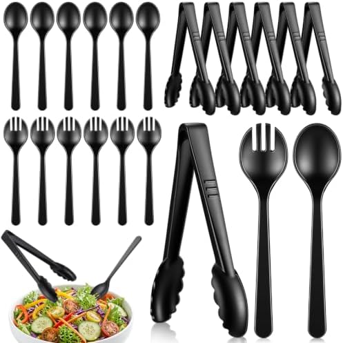 FoldTier 18 Pcs Disposable Plastic Serving Utensils Set Black Serving Spoons Forks Tongs, Disposable Utensils for Party Weddings Birthday Dinner Buffets Banquets