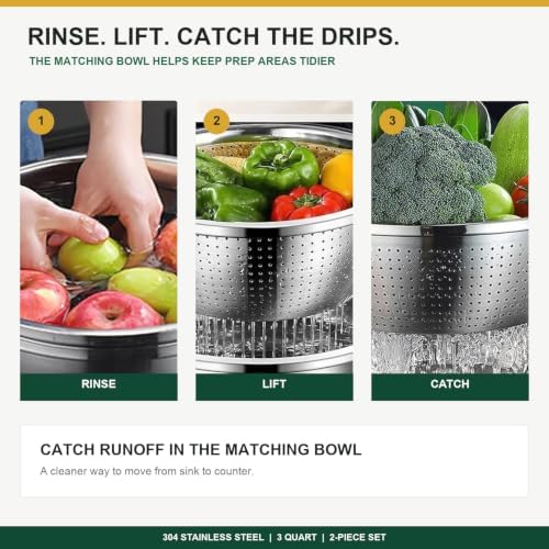 304 Stainless Steel Microporous Colander Set - 3QT Large Capacity Kitchen Strainer, Dishwasher Safe for Vegetable/Fruit/Rice Washing & Cooked Pasta Draining （2PC)