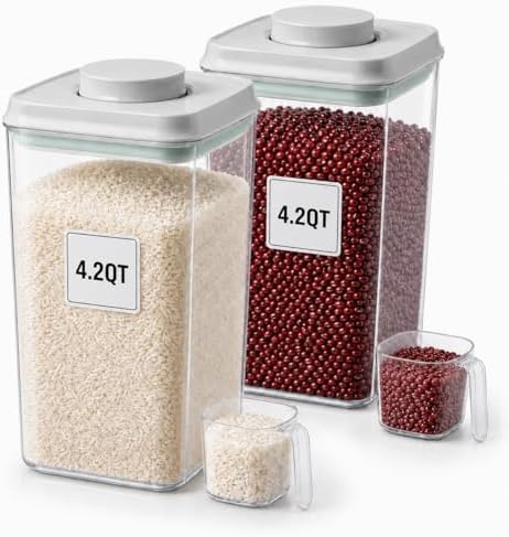 POP Airtight Flour-Rice Food-Storage Container - 4L/4.2Qt Jar with Lid(2Pc) and 3.3Oz Scoop(2Pc) | BPA-Free | Perfect for Storing Grains, pasta, Snacks | Stackable and Durable