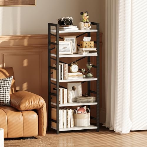 Homeiju Organization and Storage, 5 Tier Bookshelf, Tall Bookcase with Shelves, Wood and Metal Book Shelf Storage Organizer, Industrial Display Standing Shelf Unit for Bedroom, White